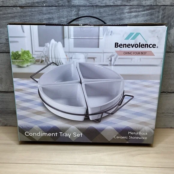 Benevolence 4-Tray Condiment Set, White Ceramic Stoneware with Metal Rack NIB - Picture 4 of 6